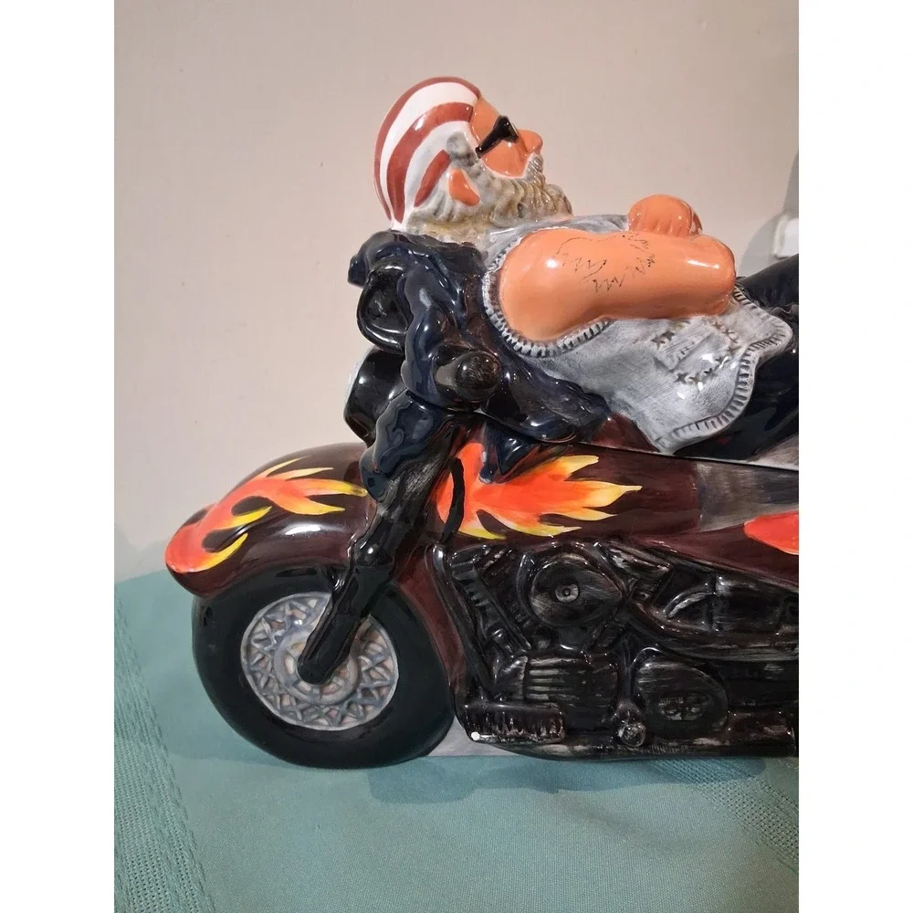Vintage Biker Motorcycle Ceramic Cookie Jar Reclining Rider Flame Detail Novelty
